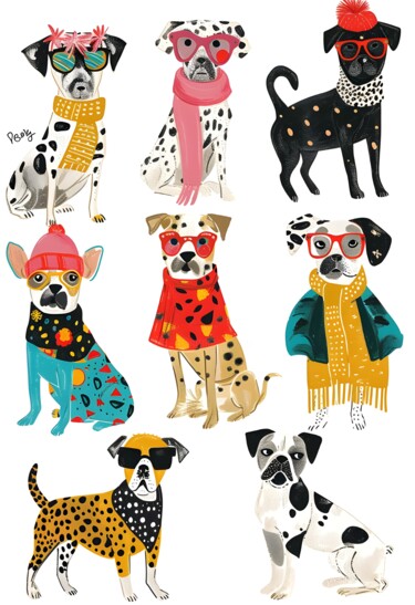 Digitale Kunst getiteld "Festive Pups: Winte…" door Chun Yu Guan, Origineel Kunstwerk, AI gegenereerde afbeelding Gemonteerd…
