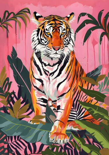제목이 "Tropical Tiger Pink…"인 디지털 아트 春宇 关로, 원작, AI 생성 이미지 판지에 장착됨