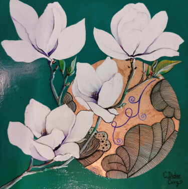 Schilderij getiteld "Magnolias" door Christelle Didier-Cury, Origineel Kunstwerk, Acryl Gemonteerd op Frame voor houten bran…
