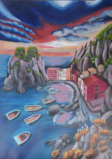 绘画 标题为“A coast with boats…” 由V., 原创艺术品, 丙烯