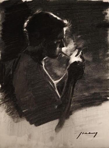 Sketch For A Guy Lighting A Cigarette Disegno intitolato "Sketch For A Guy Li…" da Guido Mauas, Opera d'arte originale, Carbone