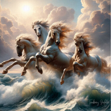 Ζωγραφική με τίτλο "The Water Horses" από Tambrey Jolenia, Αυθεντικά έργα τέχνης, Ακρυλικό Τοποθετήθηκε στο Ξύλινο φορείο σκ…