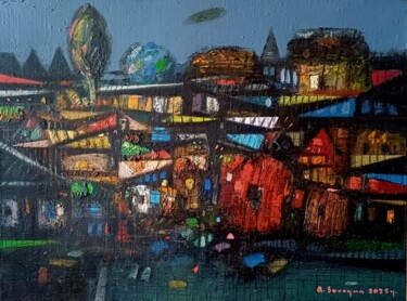 The Village in the Evening Pittura intitolato "The Village in the…" da Aram Sevoyan, Opera d'arte originale, Olio Montato su Telaio per barella in legno