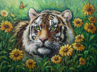 The Tiger among Wild Flowers 绘画 标题为“The Tiger among Wil…” 由Olga Lysenko, 原创艺术品, 油