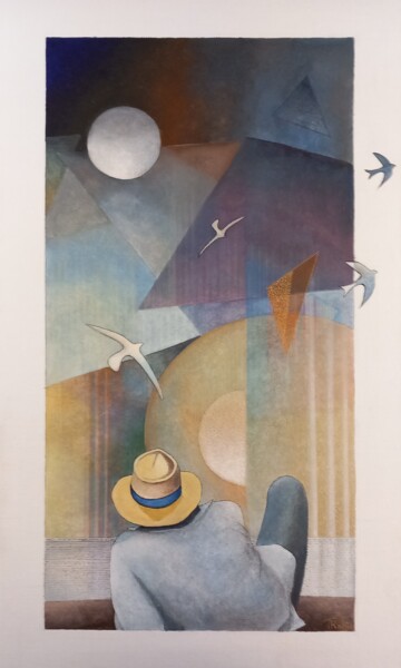 Painting titled "Un moment de répit" by Thierry Robin, Original Artwork, Gouache Mounted on Wood Stretcher frame