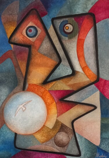 Schilderij getiteld "Superficiel et lége…" door Thierry Robin, Origineel Kunstwerk, Gouache Gemonteerd op Frame voor houten…