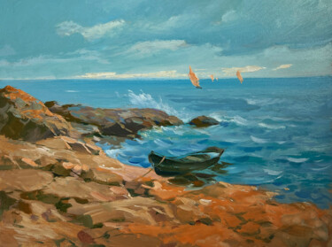 Painting titled "Sailboat on the sea…" by Yuriy Suprunchuk, Original Artwork, Oil Mounted on Cardboard