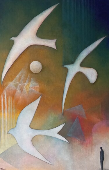 Schilderij getiteld "L'envol" door Thierry Robin, Origineel Kunstwerk, Gouache Gemonteerd op Frame voor houten brancard