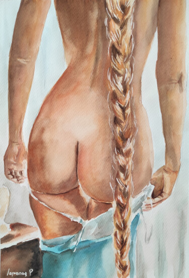 Long Braid Nude – Original Erotic Watercolor 绘画 标题为“Long Braid Nude – O…” 由Pasha Laponog, 原创艺术品, 水彩