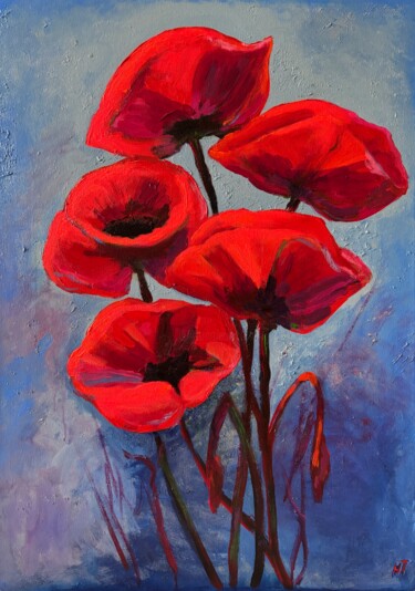 Ζωγραφική με τίτλο "night poppies" από Tatyana Nefedova, Αυθεντικά έργα τέχνης, Ακρυλικό Τοποθετήθηκε στο Ξύλινο φορείο σκελ…