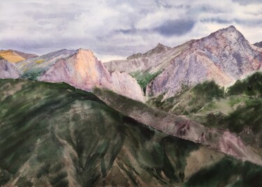 Painting titled "怒江72拐途中的记忆二" by Fangzheng Niu, Original Artwork, Watercolor Mounted on Wood Panel