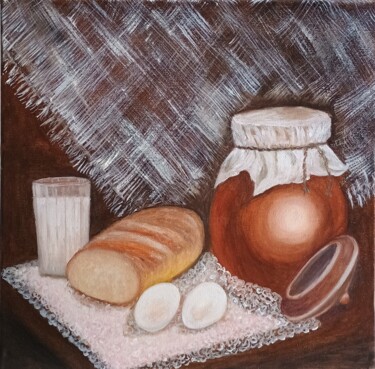 Pittura intitolato "Натюрморт завтрак в…" da Maria Belausova, Opera d'arte originale, Olio Montato su Telaio per barella in…