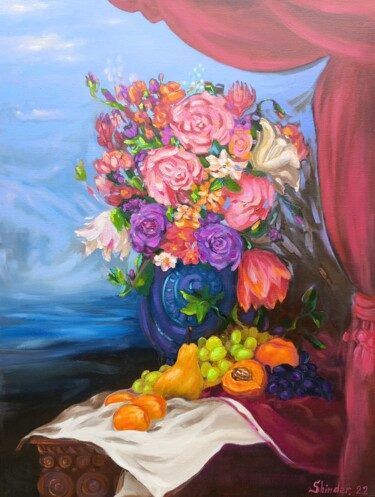 제목이 "Large Pink Roses Or…"인 미술작품 Svetlana Sindere로, 원작, 기름 나무 들것 프레임에 장착됨