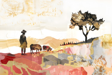 Golden Hour Shepherd. Minimalist Pastoral Scene Digital Arts titled "Golden Hour Shepher…" by Miriam-Feyga Bunimovich, Original Artwork, Digital Collage