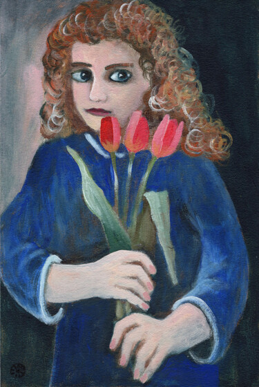 제목이 "Girl With Tulips"인 미술작품 Anton Maliar로, 원작, 아크릴 기타 단단한 패널에 장착됨