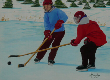 Schilderij getiteld "Pond Hockey Faceoff" door Anthony Dunphy, Origineel Kunstwerk, Acryl