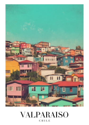 「Valparaiso Hillside…」というタイトルのデジタルアーツ 春宇 关によって, オリジナルのアートワーク, AI生成画像 段ボールにマウント