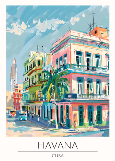 数字艺术 标题为“Vibrant Havana Stre…” 由春宇 关, 原创艺术品, AI生成的图像 安装在纸板上