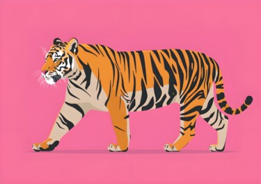 数字艺术 标题为“Bold Tiger on Pink…” 由春宇 关, 原创艺术品, AI生成的图像 安装在纸板上