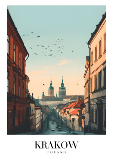 数字艺术 标题为“Krakow's Serene Str…” 由春宇 关, 原创艺术品, AI生成的图像 安装在纸板上