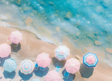 数字艺术 标题为“Pastel Beach Umbrel…” 由春宇 关, 原创艺术品, AI生成的图像 安装在纸板上