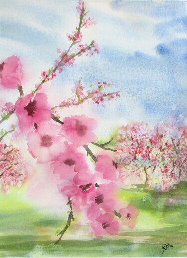 Schilderij getiteld "Fleurs de pêcher II" door Navema, Origineel Kunstwerk, Aquarel