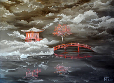 Pittura intitolato "TEMPLE ET PONT" da Nicolas Tohi, Opera d'arte originale, Olio Montato su Telaio per barella in legno