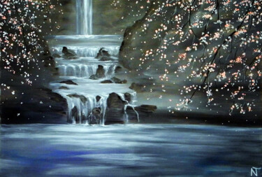Schilderij getiteld "CASCADE ET CERISIER" door Nicolas Tohi, Origineel Kunstwerk, Olie