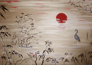 제목이 "LE HERON AU SOLEIL"인 미술작품 Nicolas Tohi로, 원작, 기름 나무 들것 프레임에 장착됨