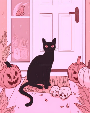 数字艺术 标题为“Spooky Cat's Hallow…” 由春宇 关, 原创艺术品, AI生成的图像 安装在纸板上