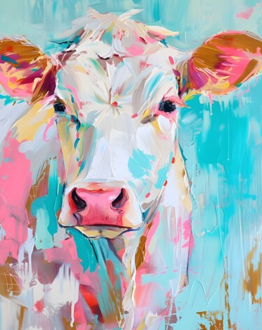 数字艺术 标题为“Colorful Cow Portra…” 由春宇 关, 原创艺术品, AI生成的图像 安装在纸板上