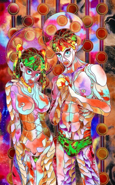 Textile Art titled "Twins" by Kostyantin Malginov, Original Artwork, Fabric Mounted on Wood Panel