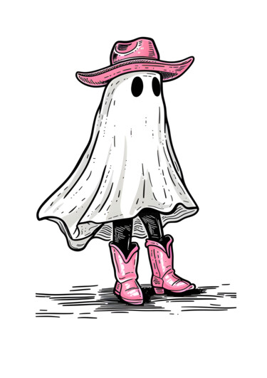 Digitale Kunst getiteld "Ghostly Cowgirl Spi…" door Chun Yu Guan, Origineel Kunstwerk, AI gegenereerde afbeelding Gemonteerd…