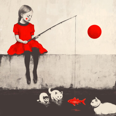 Digitale Kunst getiteld "Girl, fish and thre…" door Anna Shee, Origineel Kunstwerk, Digitaal Schilderwerk