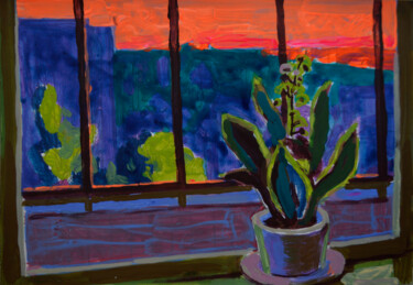 Sunset. Still life with a houseplant 绘画 标题为“Sunset. Still life…” 由Mykola Kozlovskyi, 原创艺术品, 丙烯