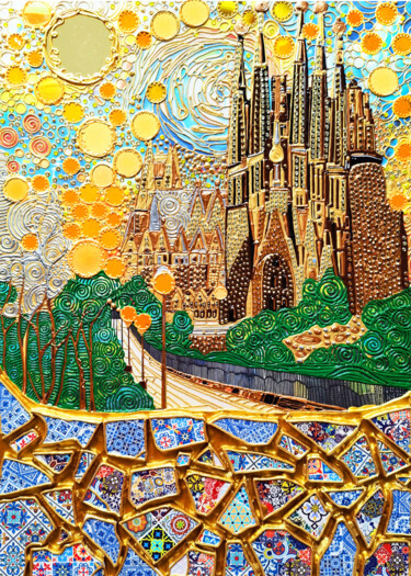 Sagrada Familia Barcelona Spain. Mosaic art 绘画 标题为“Sagrada Familia Bar…” 由Bast, 原创艺术品, 丙烯 安装在木质担架架上