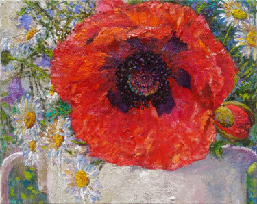 Картина под названием "Poppy flower" - Gunchenko, Подлинное произведение искусства, Масло Установлен на Деревянная рама для…