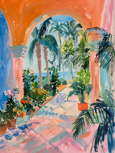 数字艺术 标题为“Tropical Oasis Arch…” 由春宇 关, 原创艺术品, AI生成的图像 安装在纸板上