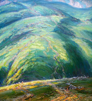 Schilderij getiteld "High in the mountai…" door Leonid Pavlenko, Origineel Kunstwerk, Olie Gemonteerd op Frame voor houten b…