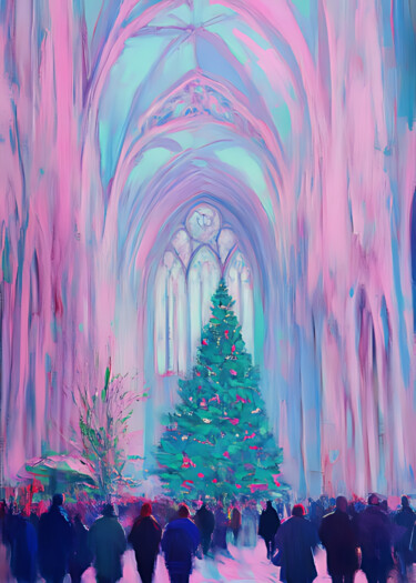 「Christmas Cathedral」というタイトルのデジタルアーツ 春宇 关によって, オリジナルのアートワーク, AI生成画像 段ボールにマウント