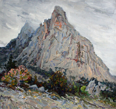 Schilderij getiteld "Rocky mountain" door Leonid Pavlenko, Origineel Kunstwerk, Olie Gemonteerd op Frame voor houten brancard