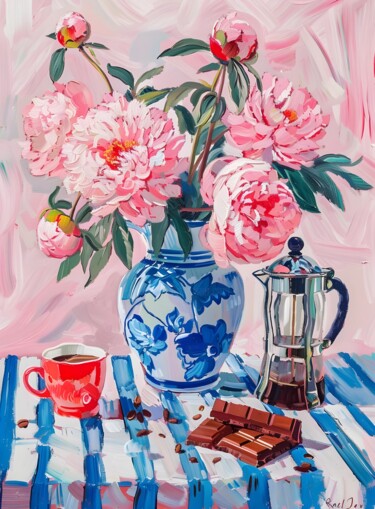 Digital Arts titled "Romantic Peonies &…" by Chun Yu Guan, Original Artwork, AI generated image Mounted on Cardboard