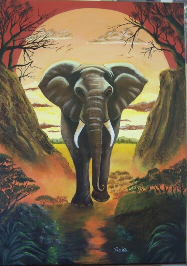 绘画 标题为“elephant en ballade” 由Roger Iafrate, 原创艺术品, 丙烯 安装在木质担架架上