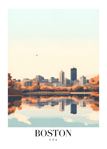 제목이 "Boston Cityscape Re…"인 디지털 아트 春宇 关로, 원작, AI 생성 이미지 판지에 장착됨