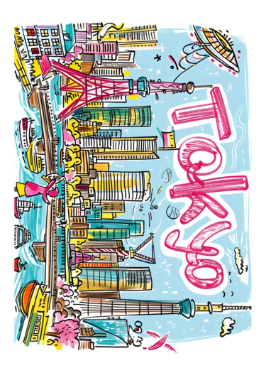 Digitale Kunst getiteld "Urban Skyline Sketch" door Chun Yu Guan, Origineel Kunstwerk, AI gegenereerde afbeelding Gemonteerd…