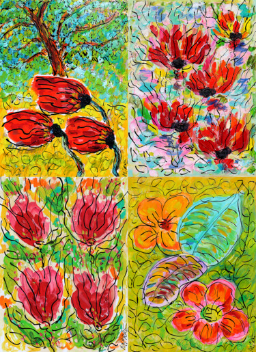 Painting titled "Fleurs et arbre + P…" by Jean Mirre, Original Artwork, Oil