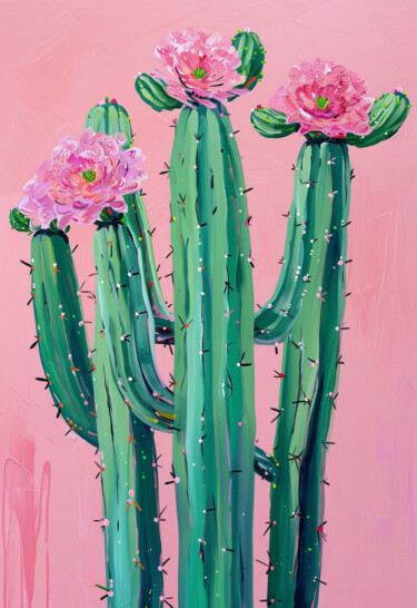Digitale Kunst getiteld "Desert Bloom - Cact…" door Chun Yu Guan, Origineel Kunstwerk, AI gegenereerde afbeelding Gemonteerd…