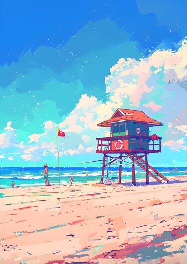 数字艺术 标题为“Beachside Lifeguard…” 由春宇 关, 原创艺术品, AI生成的图像 安装在纸板上