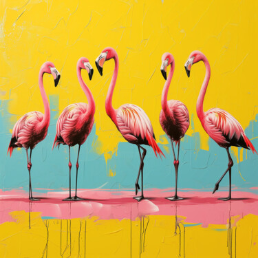 "Flamingo Flock on Y…" başlıklı Dijital Sanat 春宇 关 tarafından, Orijinal sanat, AI tarafından oluşturulan görüntü Karton üzer…