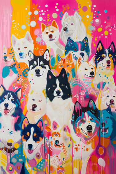 数字艺术 标题为“Colorful Canine Cel…” 由春宇 关, 原创艺术品, AI生成的图像 安装在纸板上